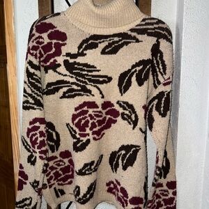 St. John's Bay Floral Turtleneck Sweater - Cream and Brown